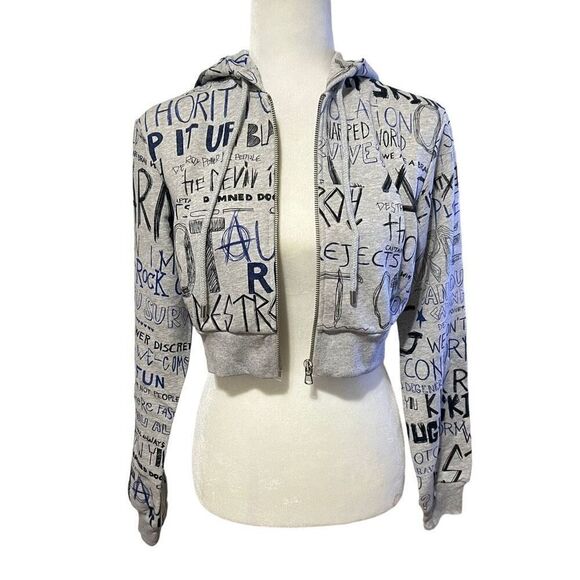 MOSCHINO COUTURE New w Tags Small Womens Gray Wordy Crop Zip Hoodie Sweatshirt B - Picture 11 of 15